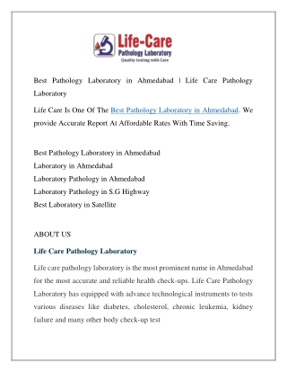 Best Pathology Laboratory in Ahmedabad | Life Care Pathology Laboratory