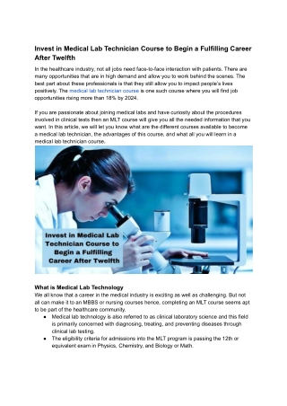 Invest in Medical Lab Technician Course to Begin a Fulfilling Career After Twelfth