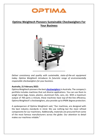 Optima Weightech Pioneers Sustainable Checkweighers For Your Business