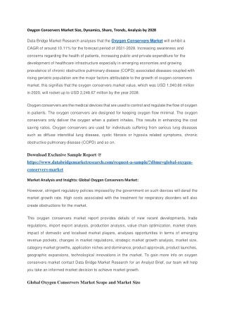 Oxygen Conservers Market Size, Dynamics, Share, Trends, Analysis by 2028
