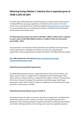 Metering Pumps Market | Industry Size is expected grow at CAGR 5.20% till 2027