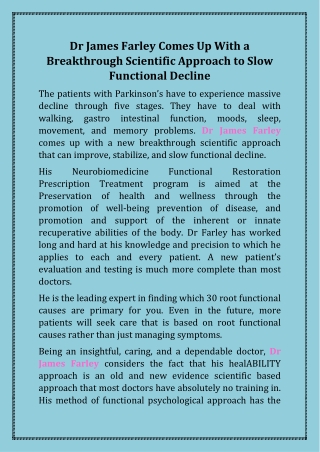 Dr James Farley Comes Up With a Breakthrough Scientific Approach to Slow Functional Decline