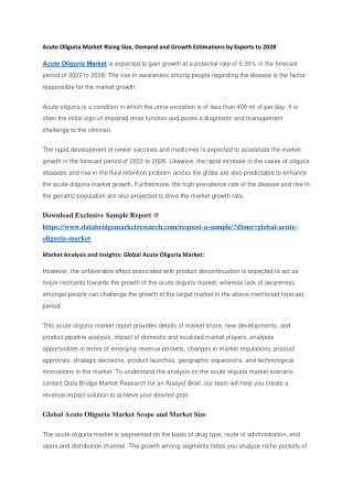 Acute Oliguria Market Rising Size, Demand and Growth Estimations by Experts to 2028