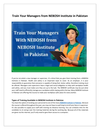 Train Your Managers from NEBOSH Institute in Pakistan