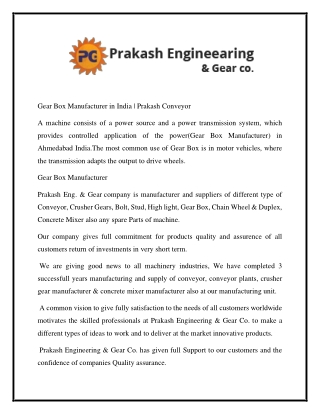 Gear Box Manufacturer in India | Prakash Conveyor