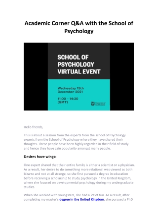 Academic Corner Q&A with the School of Psychology