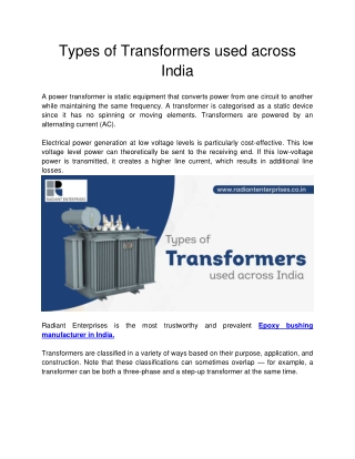 Radiant Enterprises - Types of Transformers used across India