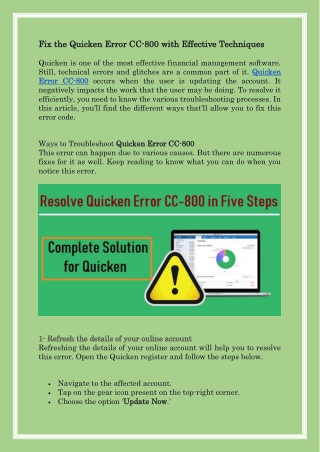Fix the Quicken Error CC-800