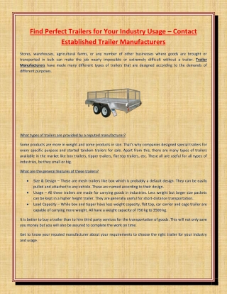 Find Perfect Trailers for Your Industry Usage – Contact Established Trailer Manufacturers