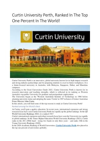 Curtin University Perth, Ranked In The Top One Percent In The World!