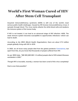 World’s First Woman Cured of HIV After Stem Cell Transplant