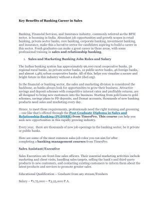 Key Benefits of Banking Career in Sales