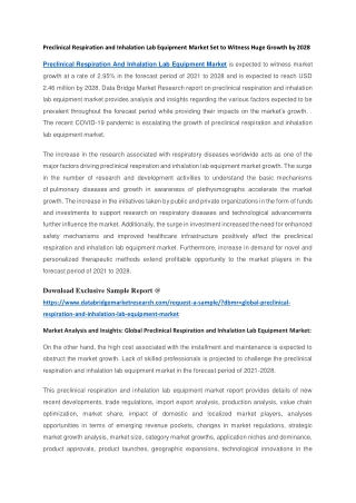 Preclinical Respiration and Inhalation Lab Equipment Market Set to Witness Huge Growth by 2028