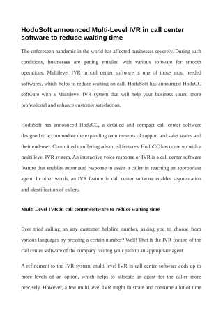 HoduSoft announced Multi-Level IVR in call center software to reduce waiting time