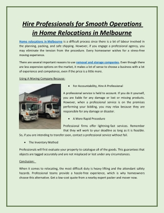 Hire Professionals for Smooth Operations in Home Relocations in Melbourne