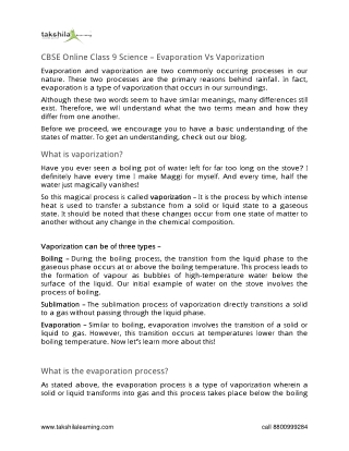 CBSE Online Class 9 Science – Evaporation Vs Vaporization