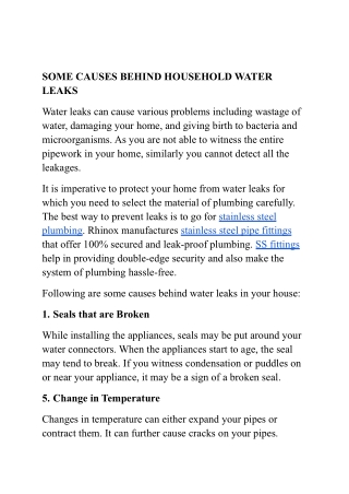SOME CAUSES BEHIND HOUSEHOLD WATER LEAKS
