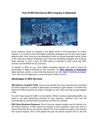 Pros Of SEO Services by SEO Company in Hyderabad