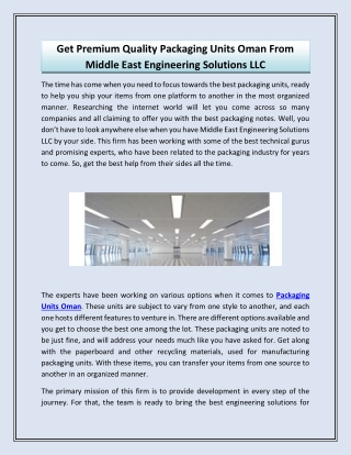 Get Premium Quality Packaging Units Oman From Middle East Engineering Solutions