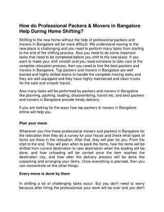 How do Professional Packers & Movers in Bangalore Help During Home Shifting
