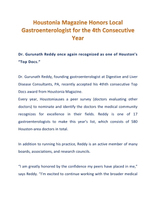 Houstonia Magazine Honors Gastroenterologist  Dr. Gurunath Reddy