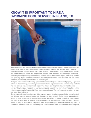 KNOW IT IS IMPORTANT TO HIRE A SWIMMING POOL SERVICE IN PLANO, TX