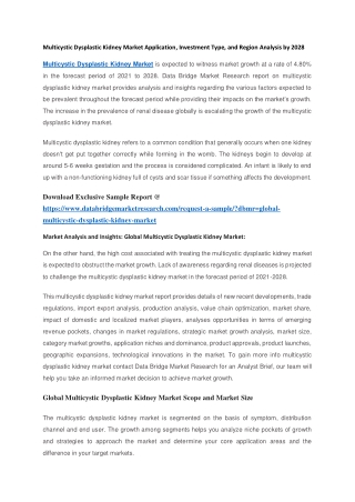 Multicystic Dysplastic Kidney Market Application, Investment Type, and Region Analysis by 2028