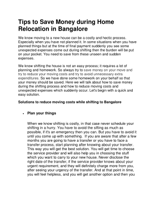Tips to Save Money during Home Relocation in Bangalore