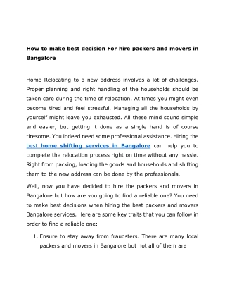 How to make best decision For hire packers and movers in Bangalore