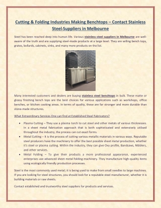 Cutting Folding Industries Making Benchtops – Contact Stainless Steel Suppliers in Melbourne