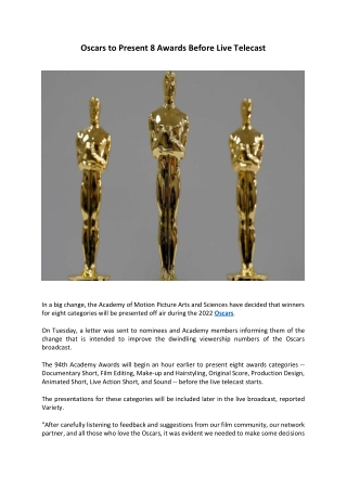 Oscars to Present 8 Awards Before Live Telecast