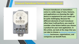 Pressure Transducer Toronto - Alpha Controls