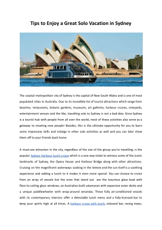 Tips to Enjoy a Great Solo Vacation in Sydney