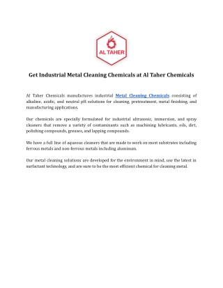 Get Industrial Metal Cleaning Chemicals at Al Taher Chemicals