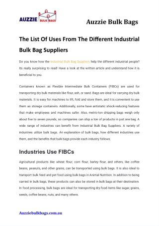 The List Of Uses From The Different Industrial Bulk Bag Suppliers