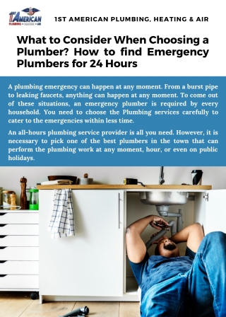 What to Consider When Choosing a Plumber How to find Emergency Plumbers for 24 Hours