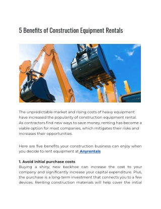 5 Benefits of Construction Equipment Rentals