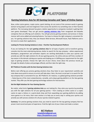 Gaming Solutions Asia for All Gaming Consoles and Types of Online Games