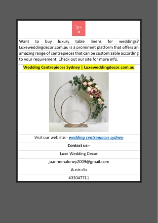 Wedding Centrepieces Sydney  Luxeweddingdecor.com.au