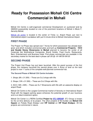Ready for Possession Mohali Citi Centre Commercial in Mohali