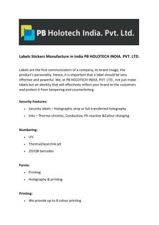 Labels Stickers Manufacture in India  PB HOLOTECH INDIA. PVT. LTD.