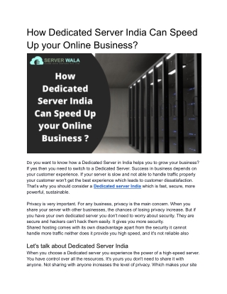 How Dedicated server Can Speed Up your online business in india?