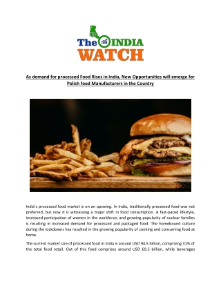 As demand for processed Food Rises in India, New Opportunities will emerge for Polish food Manufacturers in the Country