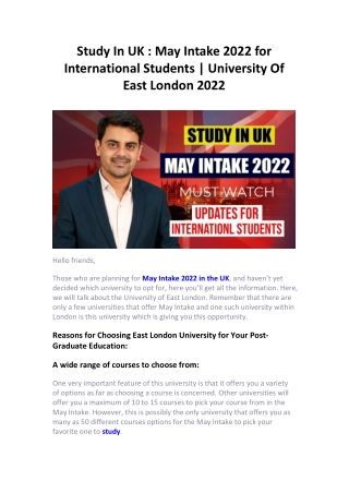 Study In UK : May Intake 2022 for International Students | University Of East Lo