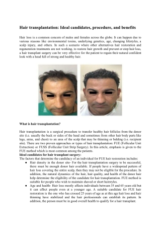 Hair transplantation: Ideal candidates, procedure, and benefits