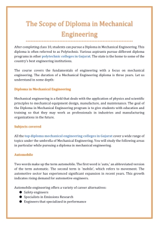 The Scope of Diploma in Mechanical Engineering