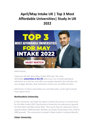 April/May Intake UK | Top 3 Most Affordable Universities| Study In UK 2022