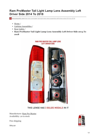 imsautoparts.com-Ram ProMaster Tail Light Lamp Lens Assembly Left Driver Side 2014 To 2018