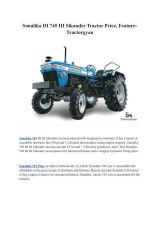 Sonalika DI 745 III Sikander Tractor Price, Feature- Tractorgyan