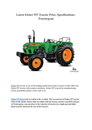 Latest Eicher 557 Tractor Price, Specifications- Tractorgyan
